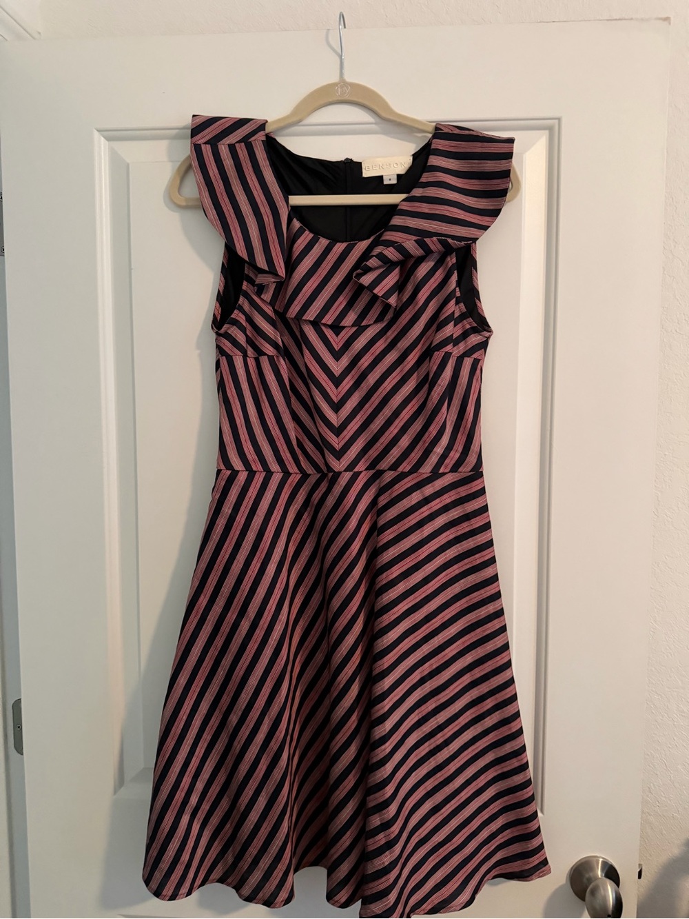 Striped Fit-and-Flare Dress with Ruffle Collar in Black and Dusty Pink